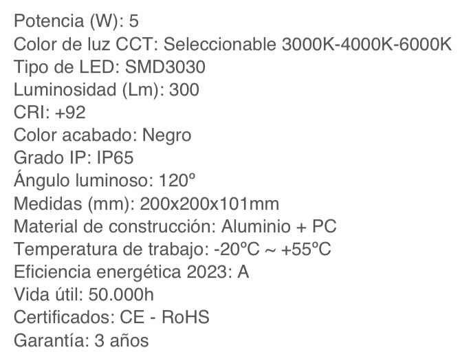 Balisa Solar LED Sobremur 20x20cm CCT Seleccionable IP65 Alumini Sense Fils