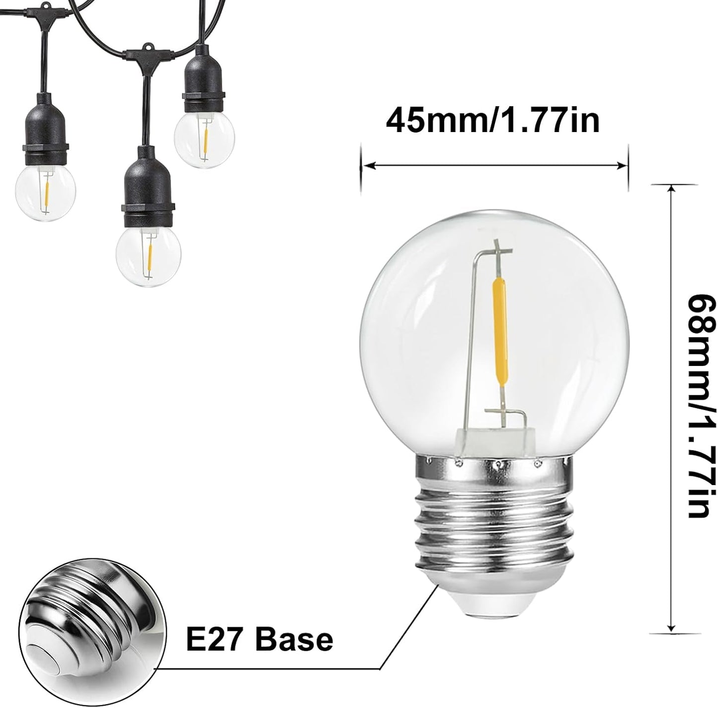 Pack 50 Bombetes LED Filament E27 1W | 80lm 2700K 360º | Per a Garlandes i Cadenes Exterior