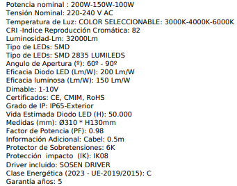 Campana industrial led multi potencia 100/150/200w