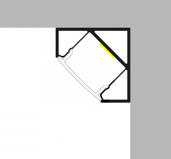 Esquema de dimensiones de perfil de alumnio reforzado e inclinado 90 grados, para tiras de leds de hasta 12mm de ancho, con tapas finales y soportes de fijación incluidos.
Precio pack de 5 unidades de 2 mts