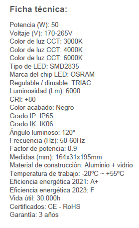 Foco proyector LEDs Osram de construcción robusta y eficiente para la iluminación en diversas aplicaciones. Acabado en color negro su estructura está construida de aluminio y cristal, proporcionando durabilidad y resistencia en diversos entornos. Puede alimentarse con corriente alterna en un rango de 200 a 265V AC, con un ángulo de apertura de 120 grados.