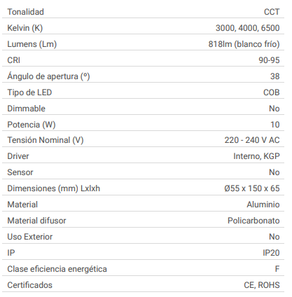 Proyector de carril LED de 10w de alta calidad que destaca por su diseño compacto y su sistema de driver incorporado. Sistema CCT que permite ajustar la temperatura del color en tres tonos luz cálida (3000K), luz neutra (4000K) o luz fría (6500K), mediante un switch incorporado. Es totalmente orientable con un ángulo de luz de 38º, es ideal para iluminar tiendas, restaurantes y comercios ... etc.
