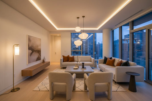 Salón moderno iluminado con lámparas LED: iluminación general, ambiental e indirecta combinadas