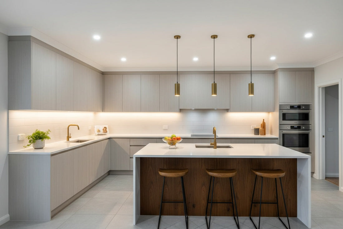 Cocina moderna con iluminación LED: plafones de techo, tiras LED bajo muebles y lámparas colgantes sobre isla