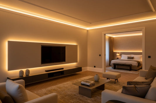 Salón moderno con iluminación indirecta LED: tiras LED en molduras de techo y retroiluminación para crear un ambiente cálido y acogedor