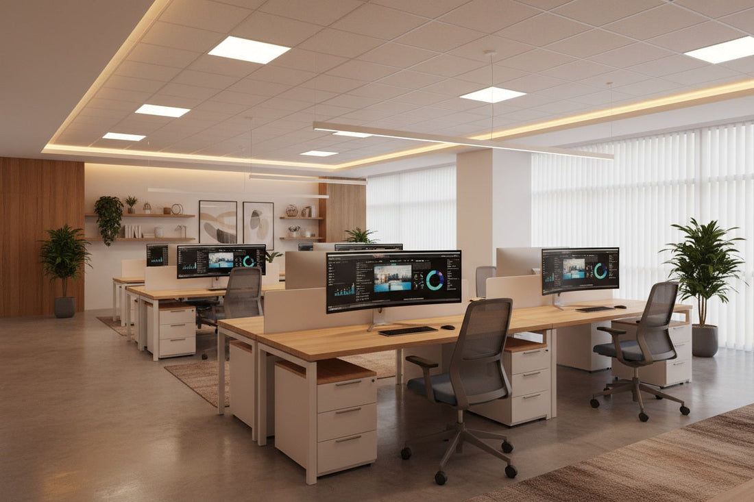 Oficina moderna con iluminación LED profesional: paneles LED de techo con luz neutra para mejorar la productividad