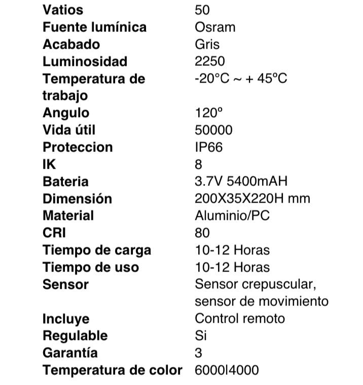 Foco solar 50w