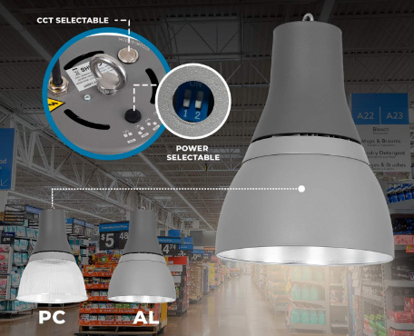 Campana LED Industrial decorativa con reflector de 90º de 25 a 80W, color  CCT Seleccionable. Incorpora  un reflector de policarbonato, logrando una estética que evoca las campanas led tradicionales con un gran confort visual y estético.