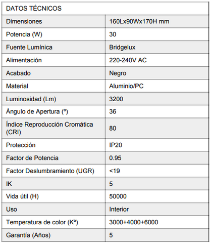  Foco LED para Carril Negro 30W Trifásico No Flicker de alto rendimiento con un diseño elegante y moderno. Con unas dimensiones de 160 mm de largo, 90 mm de ancho y 170 mm de alto, este foco es ideal para una instalación versátil en diversos entornos. Su potencia de 30w proporciona una luminosidad de 3200 lúmenes,. Equipado con tecnología Bridgelux, garantiza una alta calidad lumínica con un índice de reproducción cromática (CRI) de 80 y con un ángulo de apertura de 36º grados. 
