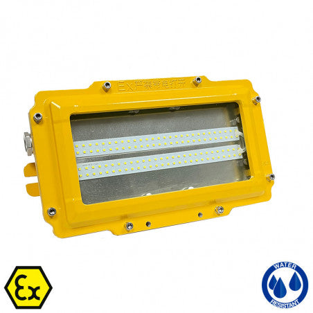 Proyector LED atex para uso en zonas con riesgo de explosión en atmósferas de gas y polvo combustible. Carcasa de aluminio libre de cobre (color amarillo RAL 1021).
Vidrio templado, resistencia a impactos 4J