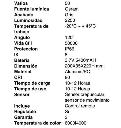 Foco solar LED para exteriores a prueba de agua IP65 puede funcionar normalmente en condiciones de lluvia, aguanieve y nieve, adecuada para su patio, terraza, garaje, estadio, área de juegos abierta y otros lugares.
La batería de litio de 3.2V 20000mAh garantiza un tiempo de carga rápido de 10-12 horas y un tiempo de uso prolongado de 10-12 horas