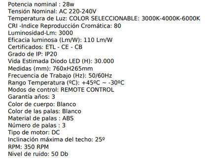Ventilador de techo minimalista blanco con luz