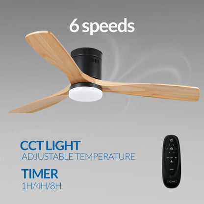 Ventilador de Techo 132cm Aspas de Madera con Luz LED CCT 18W | Motor DC Silencioso 40W
