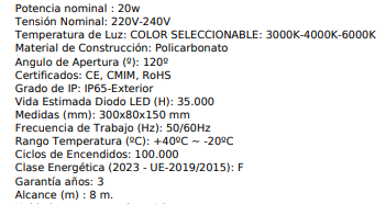 Aplique interior/exterior 20w con sensor