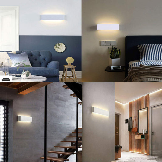  aplique LED de pared de diseño minimalista. Permite generar un tipo de luz difusa y homogénea a la vez son elementos funcionales y decorativos. Los apliques de pared Led suelen ser luminarias que complementan a la iluminación principal siendo un elemento importante en la decoración de los más variados ambientes. 
Ideal para iluminar y marcar paños de pared, zonas de paso como pasillos, recibidores, baños, escaleras..... 