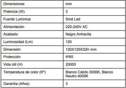 Baliza Exterior LED 3W Superficie Pared Cuadrada. Solución de iluminación arquitectónica diseñada para realzar zonas de paso, accesos y fachadas en proyectos residenciales y profesionales. Su montaje en superficie elimina la necesidad de realizar cortes en muros, ofreciendo una instalación más sencilla y limpia