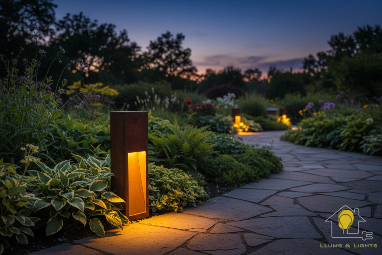 Baliza corten jardí públic amb anagrama LLums & Lights
