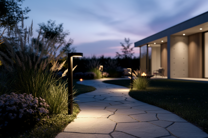 Baliza LED en Entrada Residencial al Atardecer