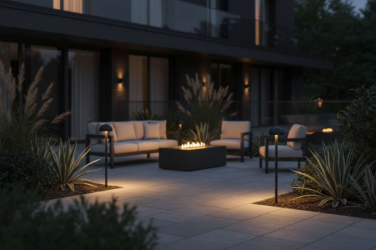 Balizas LED Iluminando Terraza de Noche