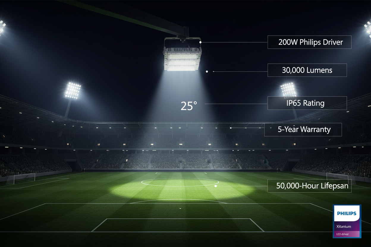 Banner Proyector LED 200W Philips en Estadio de Fútbol