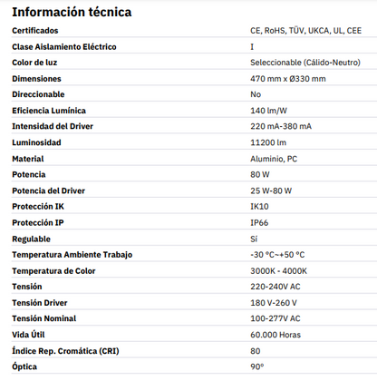 Potencia seleccionable entre 25W, 40W, 60W o 80W según las necesidades de cada espacio.
Sistema CCT: Cambia fácilmente entre blanco cálido (3.000K) y blanco neutro (4.000K).
Alta eficiencia: Ofrece un rendimiento de hasta 140 lm/W, garantizando iluminación potente con un bajo consumo.
Confort visual: Alto índice de reproducción cromática (CRI>80) y mínimo deslumbramiento (UGR<19).