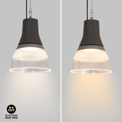 Campana LED Industrial decorativa con reflector de 90º de 25 a 80W, color  CCT Seleccionable. Incorpora  un reflector de policarbonato, logrando una estética que evoca las campanas led tradicionales con un gran confort visual y estético.