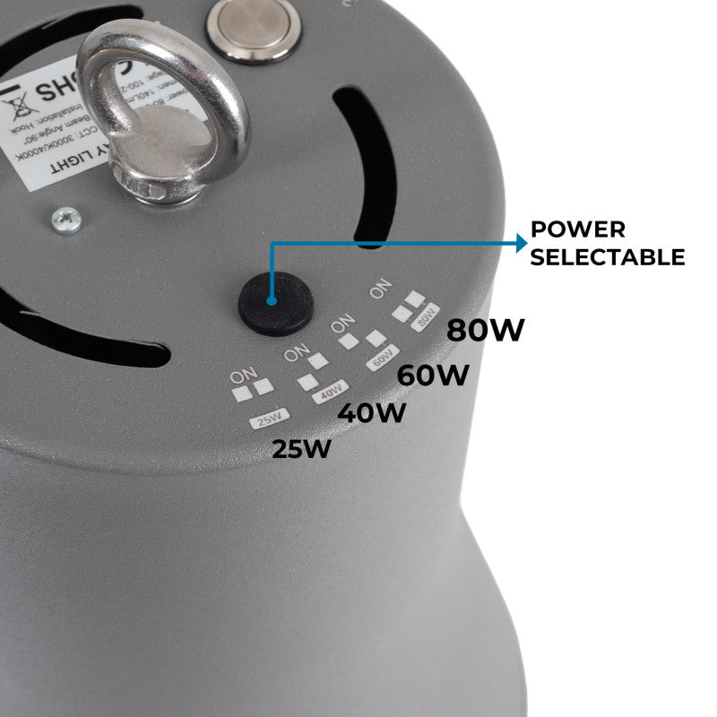 Campana LED Industrial decorativa con reflector de 90º de 25 a 80W, color  CCT Seleccionable. Incorpora  un reflector de policarbonato, logrando una estética que evoca las campanas led tradicionales con un gran confort visual y estético.