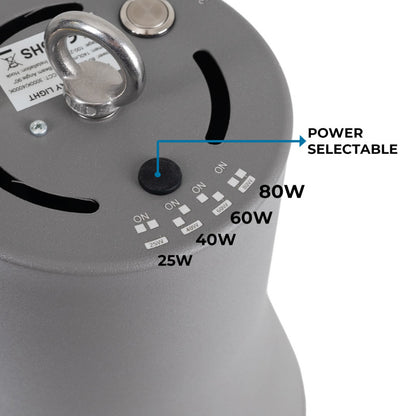 Campana LED Industrial decorativa con reflector de 90º de 25 a 80W, color  CCT Seleccionable. Incorpora  un reflector de policarbonato, logrando una estética que evoca las campanas led tradicionales con un gran confort visual y estético.