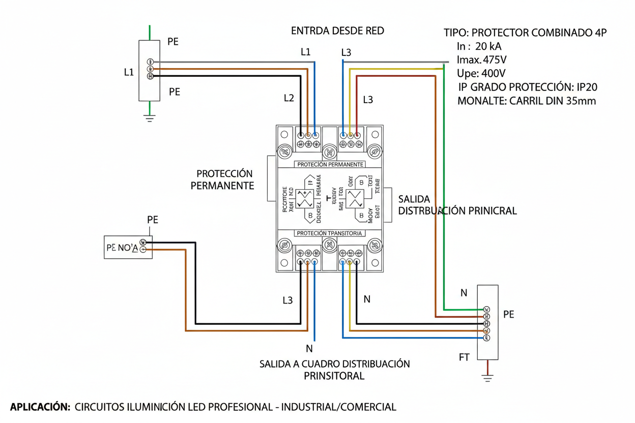 crea esquema de instalacion de Protector Combinado Sobretensiones Permanentes + Transitorias de 4 polos.