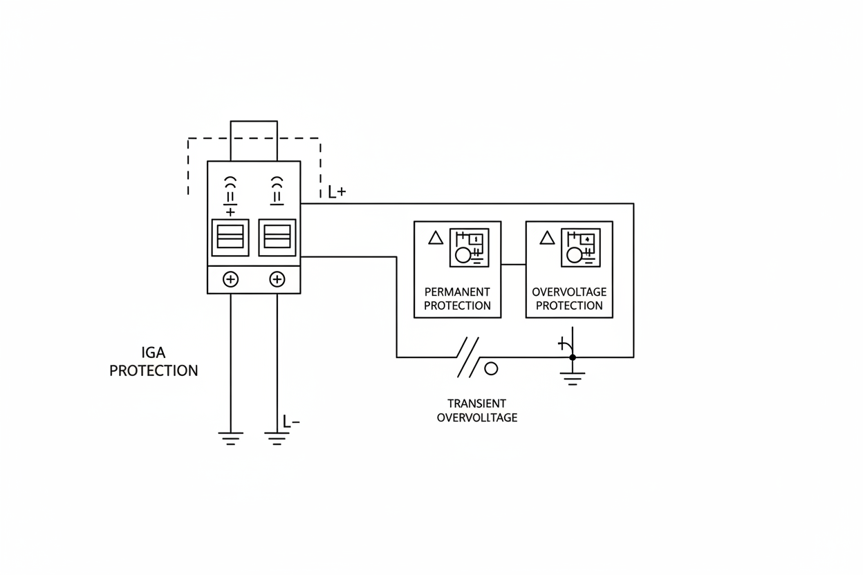 crea imagen con esquema de Protector combinado IGA + Sobretensiones Permanentes y Transitorias de 2 polos.