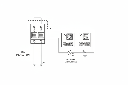 crea imagen con esquema de Protector combinado IGA + Sobretensiones Permanentes y Transitorias de 2 polos.