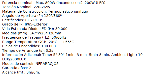 Detector de movimiento volumétrico, sensor de presencia por infrarrojos (sensor PIR) para ser empotrado en falso techo o pared. Ideal para iluminar de forma automática una habitación pequeña, pasillos, almacenes, etc.
Se puede ajustar el tiempo de funcionamiento y regular la sensibilidad lumínica (para función noche/día)
Ángulo de detección: 360º
Distancia de detección máxima: 3m
Tiempo de desconexión seleccionable: 5s, 30s, 1min, 3min, 5min, 8min
Sensibilidad luz seleccionable: 10-2000lux
