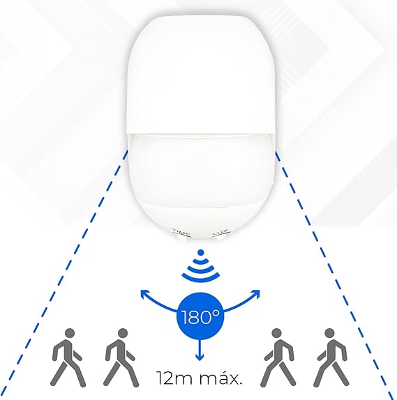 Detector de Movimiento PIR de 180º para superficie. Ideal para exteriores e interiores, este dispositivo cuenta con un diseño elegante y discreto en color blanco, fabricado en resistente policarbonato (PC), que asegura durabilidad y resistencia. Con una protección para exterior IP44