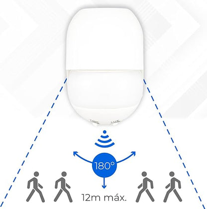 Detector de Movimiento PIR de 180º para superficie. Ideal para exteriores e interiores, este dispositivo cuenta con un diseño elegante y discreto en color blanco, fabricado en resistente policarbonato (PC), que asegura durabilidad y resistencia. Con una protección para exterior IP44