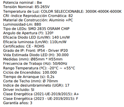 Foco downlight circular empotrable de color blanco, con un flujo luminoso de 110 lúmenes x w. Fabricado en aluminio y PC, el foco downlight LED incorpora leds Osram SMD2835 de alto brillo, y un driver externo con función de selector de temperatura de color CCT entre 3000K / 4000K / 6000K. Tiene un elevado índice de reproducción cromática CRI+82 y un grado de protección IP54