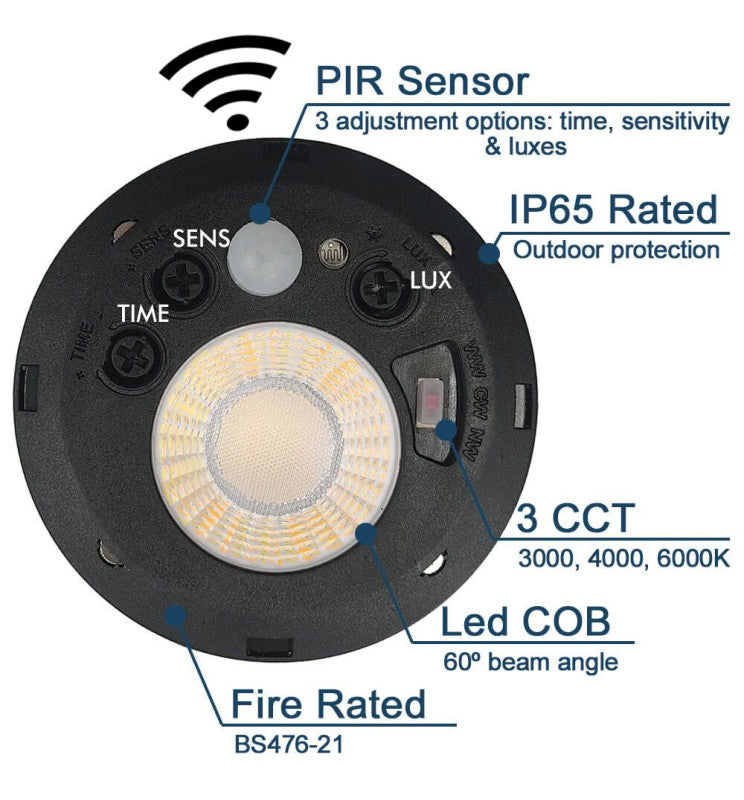 Foco empotrable circular de 7w de potencia, que incorpora un detector de presencia PIR programable con tecnología CCT que te permite elegir entre tres tonos de luz diferentes (3000K, 4000K y 6000K), adaptándose a tus preferencias. Puede ser programado de 1 a 15 minutos y la luminosidad se puede ajustar en un rango de 0 a 3000 Luxes con un ángulo de apertura de 60 grados. Es apto para interior o exterior con un IP65.