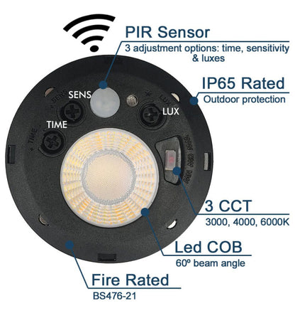 Foco empotrable circular de 7w de potencia, que incorpora un detector de presencia PIR programable con tecnología CCT que te permite elegir entre tres tonos de luz diferentes (3000K, 4000K y 6000K), adaptándose a tus preferencias. Puede ser programado de 1 a 15 minutos y la luminosidad se puede ajustar en un rango de 0 a 3000 Luxes con un ángulo de apertura de 60 grados. Es apto para interior o exterior con un IP65.