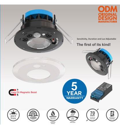 Foco empotrable circular de 7w de potencia, que incorpora un detector de presencia PIR programable con tecnología CCT que te permite elegir entre tres tonos de luz diferentes (3000K, 4000K y 6000K), adaptándose a tus preferencias. Puede ser programado de 1 a 15 minutos y la luminosidad se puede ajustar en un rango de 0 a 3000 Luxes con un ángulo de apertura de 60 grados. Es apto para interior o exterior con un IP65.