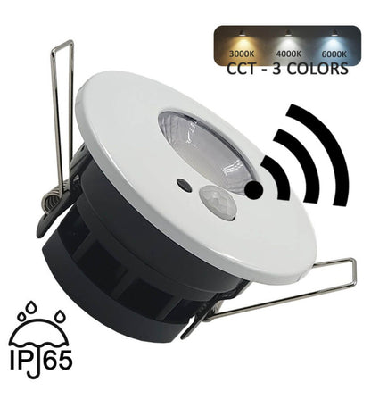Foco empotrable circular de 7w de potencia, que incorpora un detector de presencia PIR programable con tecnología CCT que te permite elegir entre tres tonos de luz diferentes (3000K, 4000K y 6000K), adaptándose a tus preferencias. Puede ser programado de 1 a 15 minutos y la luminosidad se puede ajustar en un rango de 0 a 3000 Luxes con un ángulo de apertura de 60 grados. Es apto para interior o exterior con un IP65.