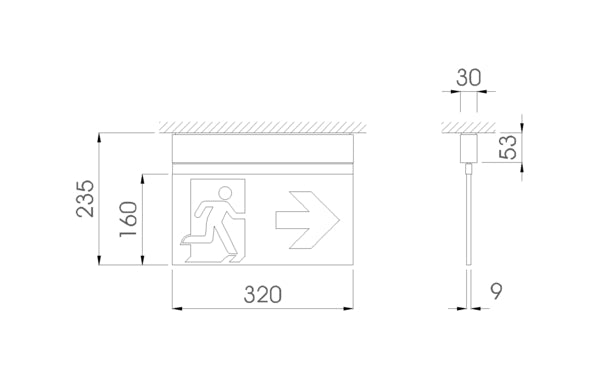 Esquema de dimensiones luminaria Daisalux de señalización y evacuación de 3w. Montaje adosado en techo; placa de señalización de salida de 320x160 mm. Protección IP65, autotest clase II. Autonomía 1 hora.