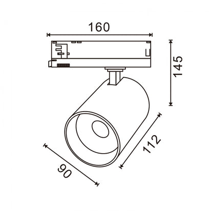  Foco LED para Carril Negro 30W Trifásico No Flicker de alto rendimiento con un diseño elegante y moderno. Con unas dimensiones de 160 mm de largo, 90 mm de ancho y 170 mm de alto, este foco es ideal para una instalación versátil en diversos entornos. Su potencia de 30w proporciona una luminosidad de 3200 lúmenes,. Equipado con tecnología Bridgelux, garantiza una alta calidad lumínica con un índice de reproducción cromática (CRI) de 80 y con un ángulo de apertura de 36º grados. 