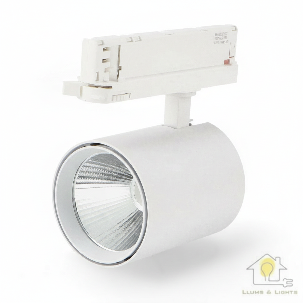 Foco LED carril trifásico blanco con logo LLums & Lights