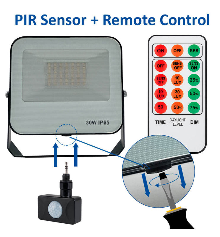 Foco Proyector LED  de 120Lm/W. Equipado con un Sensor de Movimiento PIR desmontable mediante conector Jack y control remoto para máxima comodidad. Su encendido automático al detectar movimiento lo hace ideal para mayor seguridad 