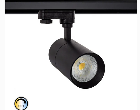 Foco LED 30W Regulable No Flicker  CCT Seleccionable  para Carril Trifásico. CCT se define en grados Kelvin, según la percepción de color de un LED blanco al ojo humano, podemos diferenciarlos en 3 tipos de color; una luz cálida, una luz neutra y una luz fría, de 2700-3500K, 4000-4500K y 5000-6500K respectivamente