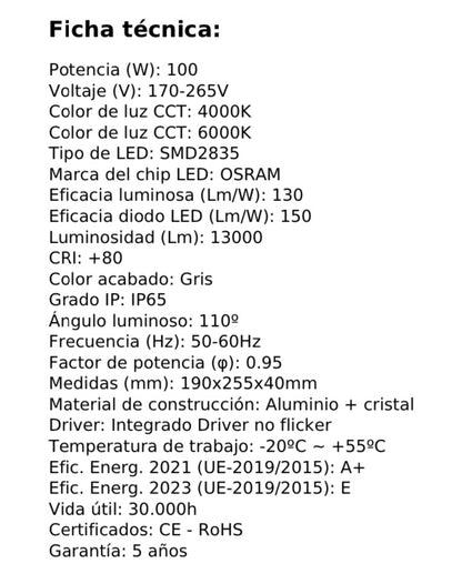 Foco Proyector LED SMD de 100w PRO con chipled OSRAM lo hacen idóneo para iluminar de manera eficaz y durable. Se trata de un producto con una clase energética A++