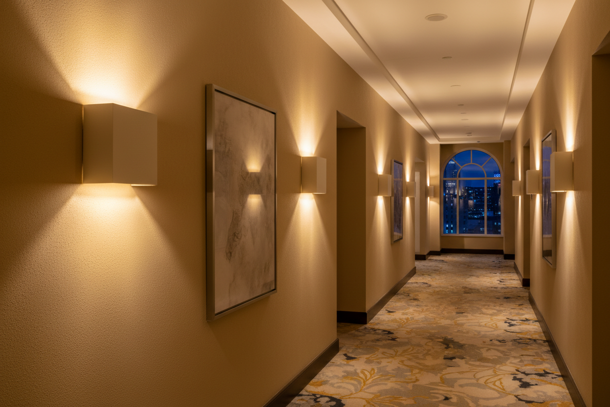 Pasillo de hotel con múltiples apliques de yeso