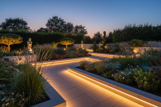 Jardín exterior iluminado con tira LED