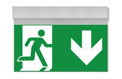 Luminaria Daisalux de señalización y evacuación de 3w. Montaje adosado en techo; placa de señalización de salida de 320x160 mm. Protección IP65, autotest clase II. Autonomía 1 hora.
