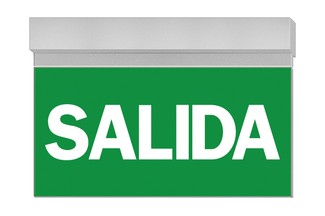 Luminaria Daisalux de señalización y evacuación de 3w. Montaje adosado en techo; placa de señalización de salida de 320x160 mm. Protección IP65, autotest clase II. Autonomía 1 hora.