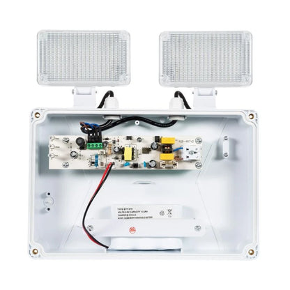 componentes interiores Foco proyector de emergencia industrial de 2x6w 400 lúmenes, con autonomía de 3 horas. No permanente. Solo se activa cuando se interrumpe el suministro eléctrico. Incorpora una batería Ni-Cd de 3.6V y 4.5Ah, con protección contra sobredescarga y un tiempo de recarga de 24 horas. Indicadores LED de estado.